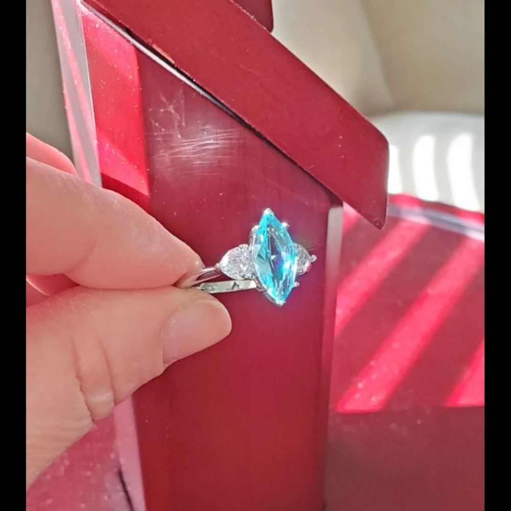 925 stamped plated lab aquamarine marquis heart cz ring size 7, 10 avai…